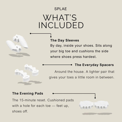 Splae Complete Toe Reset Kit — what's included: Day Sleeves, Everyday Spacers and Evening Pads